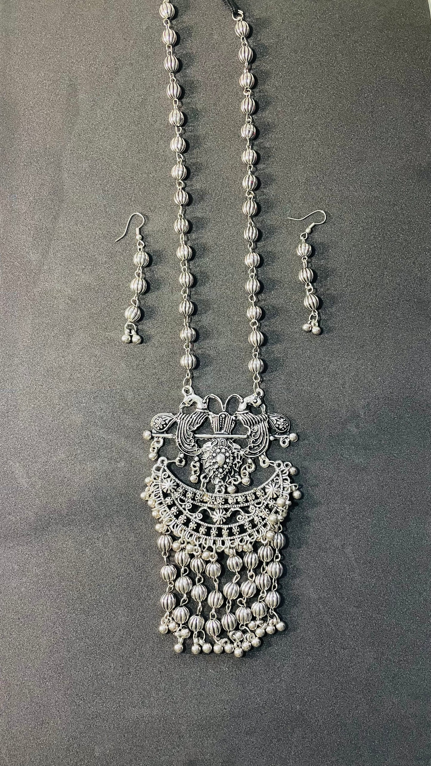 Silver Cascade Long Mala Set with Drop Earrings