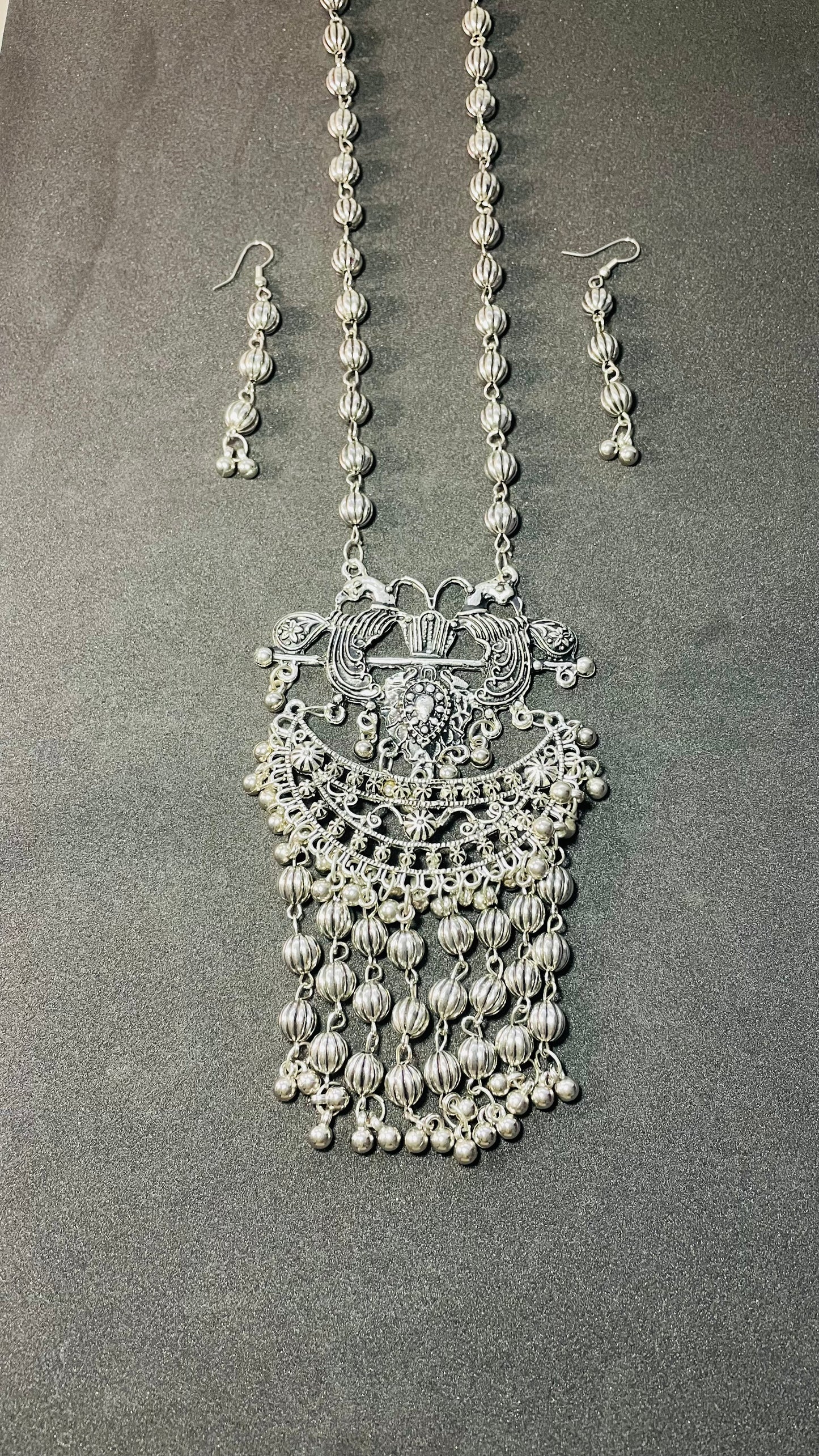 Silver Cascade Long Mala Set with Drop Earrings