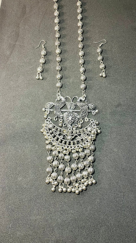 Silver Cascade Long Mala Set with Drop Earrings